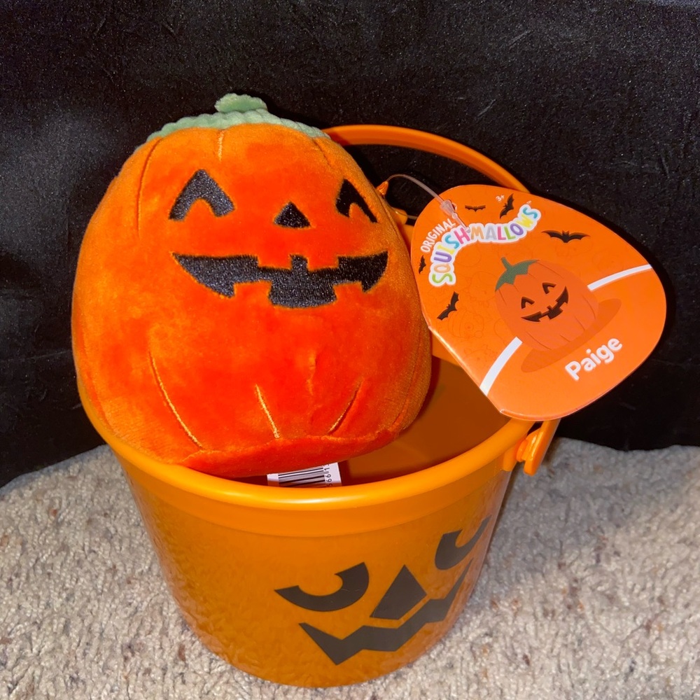 Paige the Pumpkin squishmallow with pumpkin halloween bucket